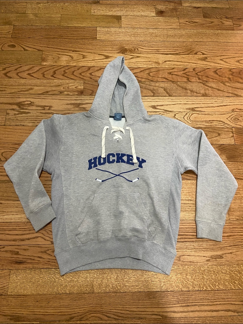 J. America Gray Hoodie with 'Hockey' Graphic and Lace-Up Neck
